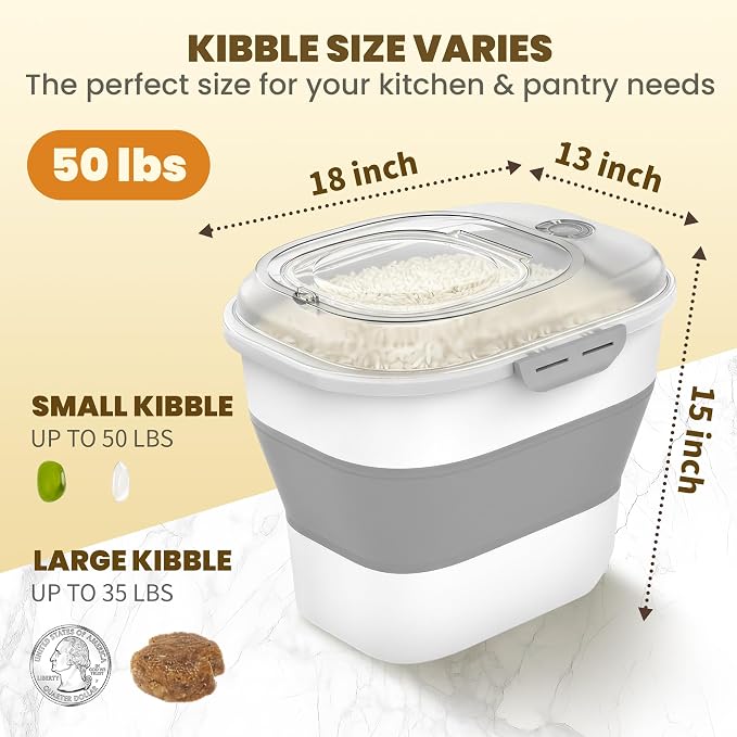 HOYTAMDAR 50Lbs Collapsible Rice Container,Airtight Food Storage container | Clear Lid Rice Storage Container with Double Seal,Wheel,Date Tracker,2pcs Bins&Scoop,Rice Dispenser for Pet Food Rice Flour