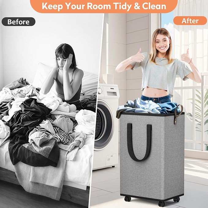 SpaceTrove Rolling Laundry Basket with Wheels, Laundry Hamper, 80L, Grey | Collapsible, 4 detachable wheels including 2 with brakes, sturdy handle, metal frame, for dorms, bathrooms and bedrooms