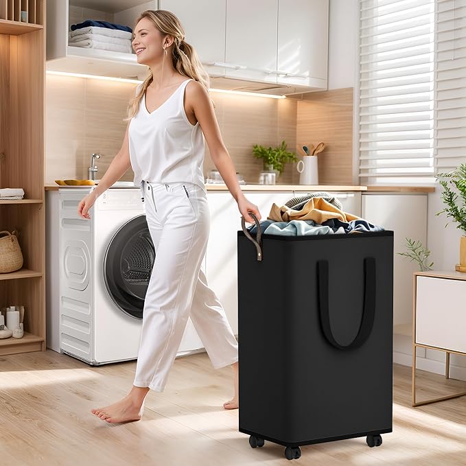 SpaceTrove Rolling Laundry Basket with Wheels, Laundry Hamper, 100L, Black | Collapsible, 4 detachable wheels including 2 with brakes, sturdy handle, metal frame, for dorms, bathrooms and bedrooms