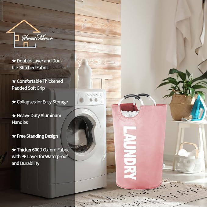 Large Laundry Basket, Laundry Hamper Bag with Handles, 115L Pink | Freestanding Tall Dirty Clothes Hamper, Collapsible and Portable Laundry Bin for Dorms and Bedrooms, Thick, Sturdy Fabric