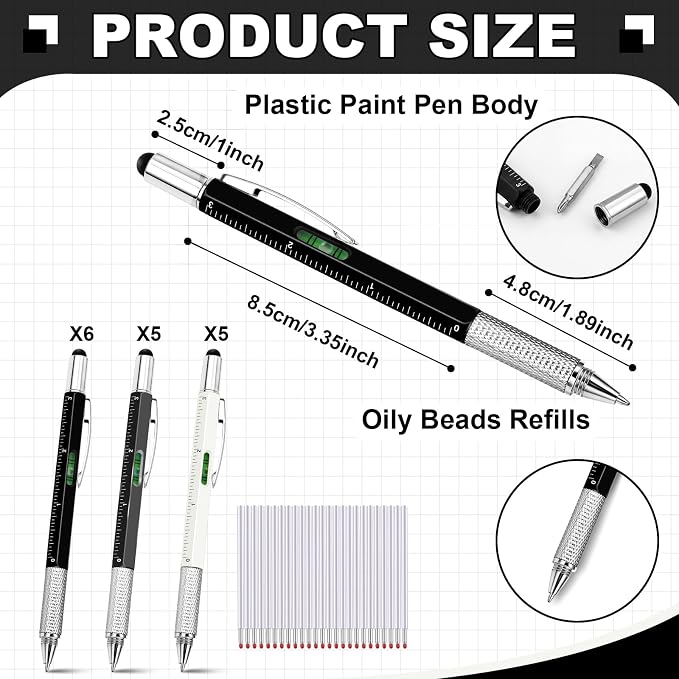 Zhanmai 16 Pcs 6 in 1 Multitool Pen Bulk Gift for Men Multi Tool Ballpoint Pen with Ruler Level Screwdriver Stylus Cool 40 Ink Refill Tool Gadget Birthday Christmas Stocking Stuffer (Black Gray White)