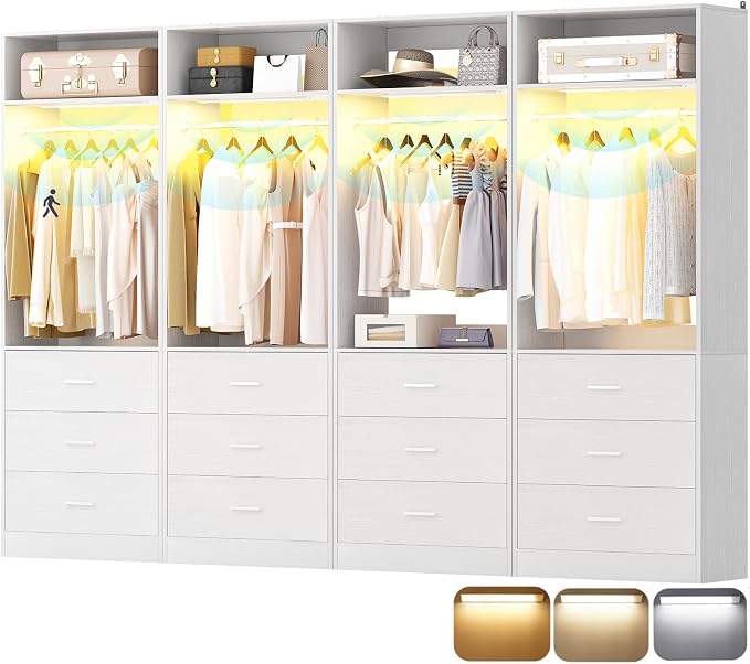 Besiost 8FT Closet System with 4 Motion Sensor LED Lights, 96" Closet Systems with 12 Drawers, Closet Organizer System with 4 Hanging Rods & 4 Shelves, Heavy Duty 96 Inch Walk-in Closet, White