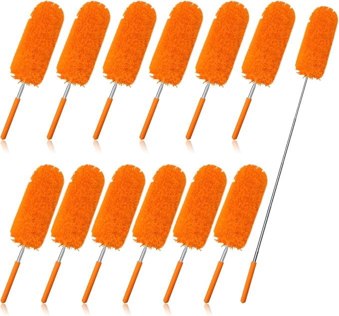 Tanlade 12 Pcs Microfiber Feather Duster for Cleaning, Extendable 13-31 Inch Ceiling Fan Duster with Bendable Head, Washable Tools for Ceiling Fans, Furniture, Car, Cobwebs (Orange)