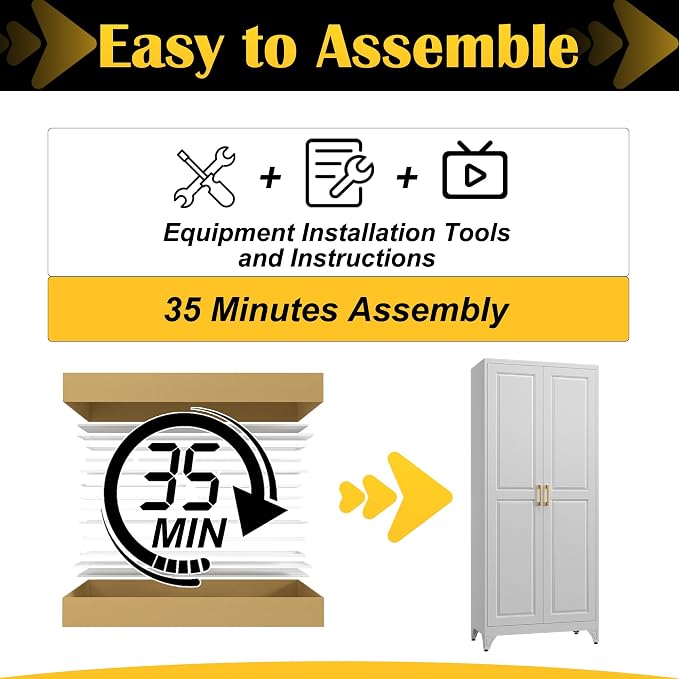 SteeLoong 75”Metal Pantry Storage Cabinet with Doors & 4 Adjustable Shelves | Kitchen Pantry Cabinet,White Kitchen Cabinet with 2 Gold Handles,Tall Cabinet for Livingroom,Pantry, Bathroom,Kitchen,Garage