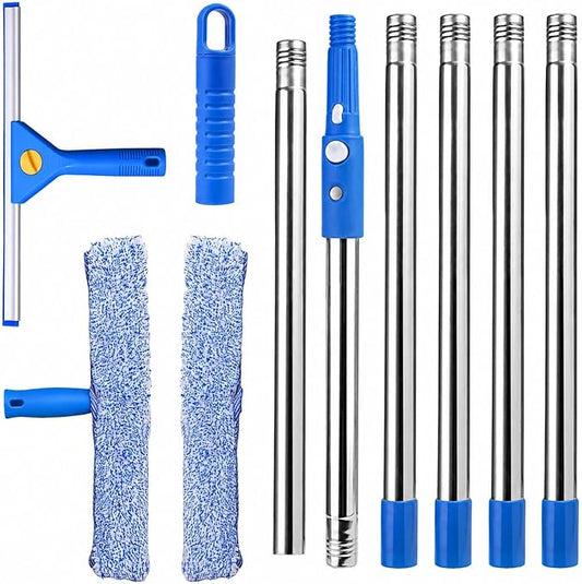Professional Window Cleaning Kit, 82" Long Handle Window Long Handle Window Squeegee and Microfiber Scrubber, Suitable for Professional Window Cleaning in Cars, Outdoors, Homes and Businesses