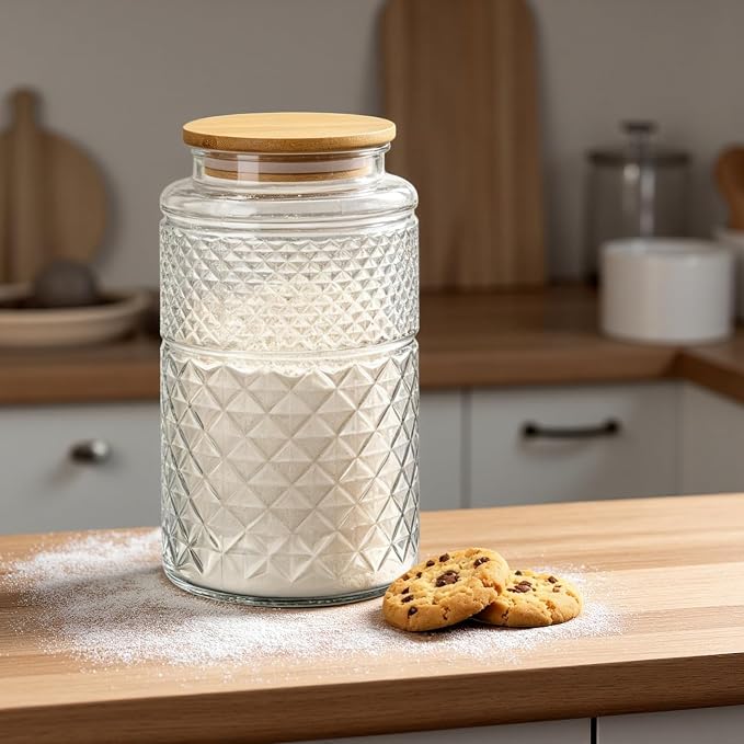 Prettidecor 1 Gallon Large Airtight Glass Storage Jars with Bamboo Lid, Kitchen Pantry Bathroom Laundry Room Organizer Canisters for Flour Rice Sugar Pasta Coffee Bean Cookies Popcorn Bath Salts