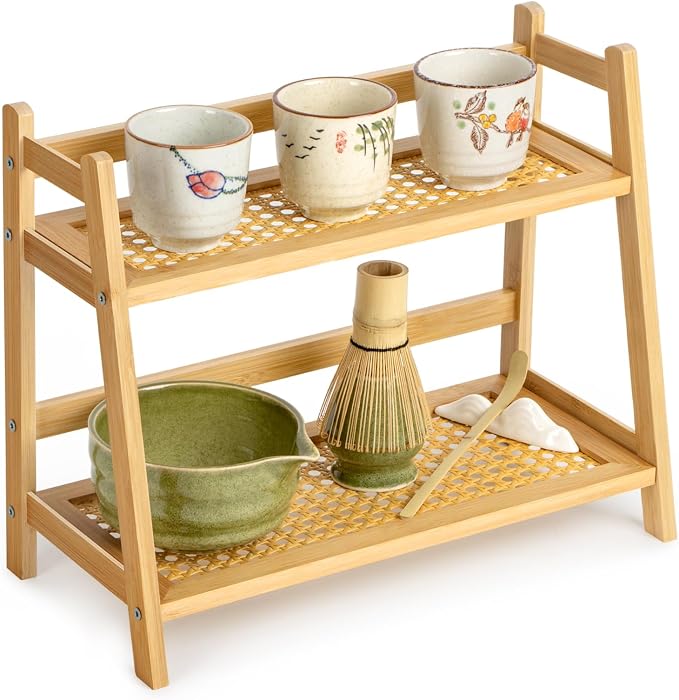 ANBOXIT Matcha Station Organizer, Countertop Bamboo Coffe & Tea Station | Rattan-Look 2 Tier Mug Holder Display Stand for Kitchen Condiment, Coffee Accessories, Home, Office