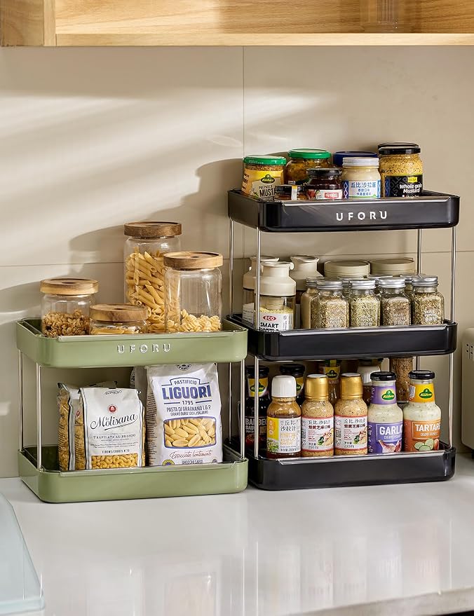 UFORU Countertop Coffee Station Organizer,Cup Rack,Mug & Wine Glass Holder | 2-Tier Green Mug Shelf with Removable Drain Tray,Bathroom Countertop Organizer,Spice Rack for Kitchen