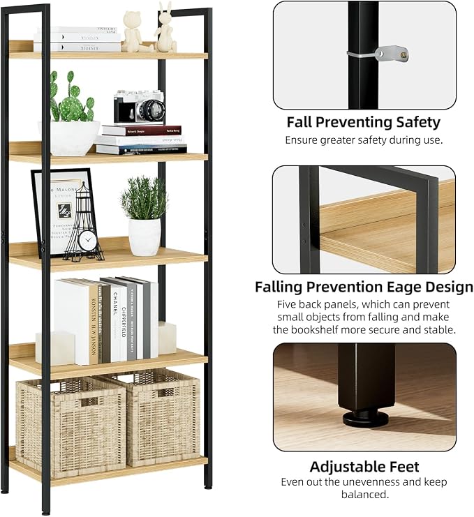 NUMENN Bookshelf, 5 Tier Bookshelves, Home Office Bookcase Shelf Storage Organizer, Free Standing Storage Shelving Unit for Bedroom, Living Room and Home Office, Natural | Metal Frame & Wood Shelves, Falling Prevention Baffle, Open Storage Bookcase for...