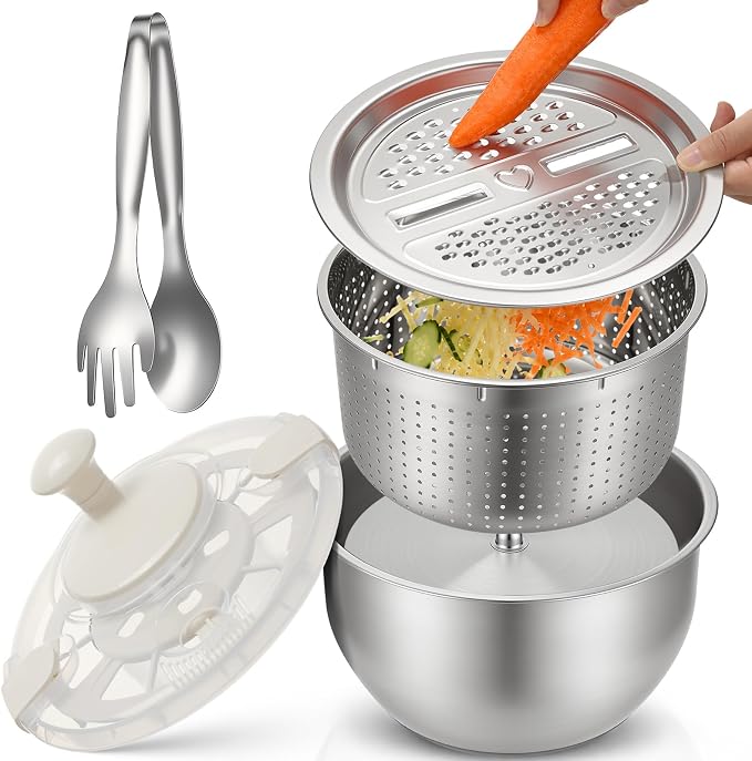 Stainless Steel Salad Spinner Set with Grater and Food Clip, 6L Large Metal Salad Spinner, Fruit Vegetable Dryer with Built-in Drain Spout for Dehydrating Fruit and Vegetable, Pasta (Silver)