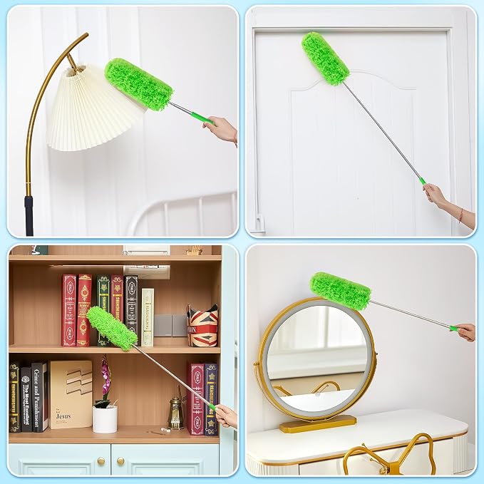 Tanlade 12 Pcs Microfiber Feather Duster for Cleaning, Extendable 13-31 Inch Ceiling Fan Duster with Bendable Head, Washable Tools for Ceiling Fans, Furniture, Car, Cobwebs (Green)