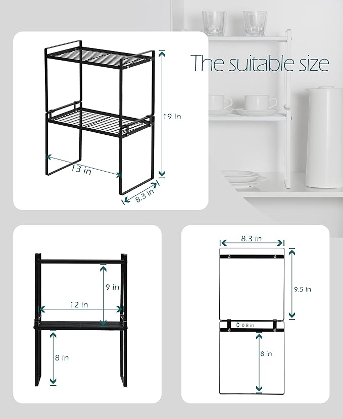 Shantton 2pk Kitchen Cabinet Shelf Counter Organizer Rack Pantry Storage Bathroom Bedroom Office Table Desk Space Saving Steel Frame Stackable Rust Resistant Non Slip Black-Tall-L13in W8.3in H9.5in