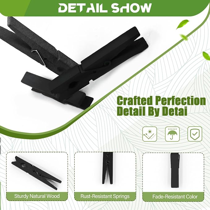 100 Pcs Black Clothes pins - 2.9 Inch Wooden Clothespins Cheer Clips | Vibrant for Crafts Classroom Decorations Clothing Pictures Laundry Solid Wood No Splinters Fade‑Proof