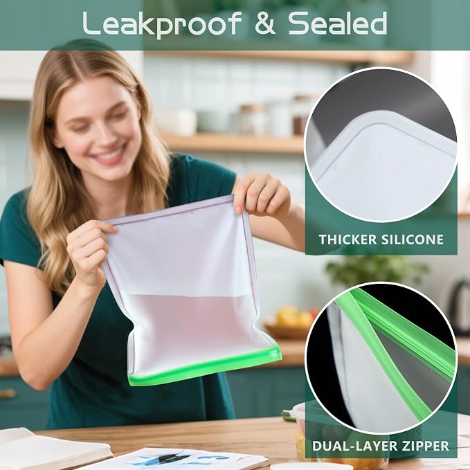 Reusable Food Storage Bags - 10 Pack Freezer Bags - Extra Thick Preservation Bags, Leakproof Silicone Bag for Meal Prep, Kitchen Organization - 2 Gallon 4 Sandwich 4 Snack Bags