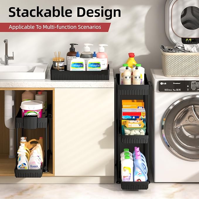 Sevenblue Under Sink Organizer, Bathroom Organizers and Storage, 2 Tier Multi-Use Pull Out Cabinet Organizer with Hang Hooks and Cups (Black, 14.8 Inch)