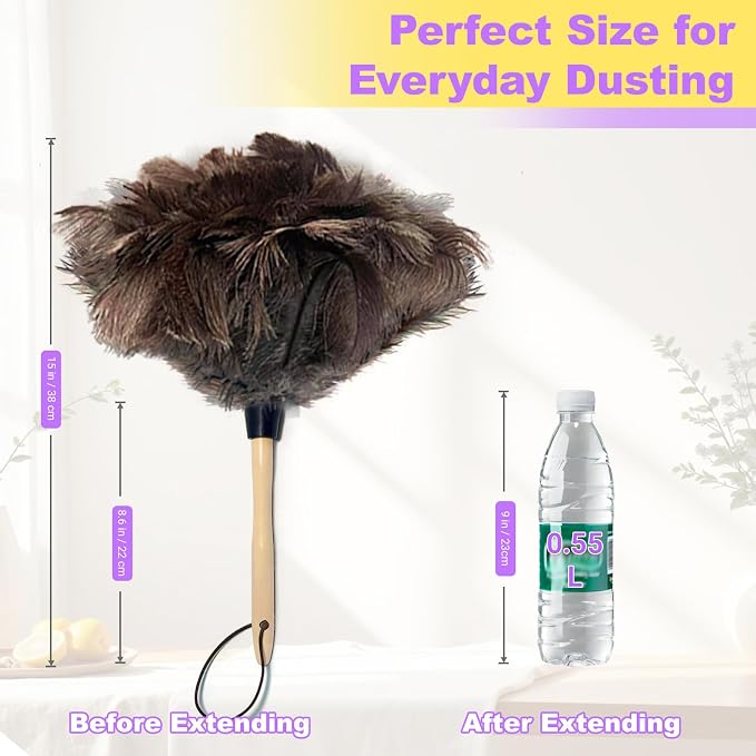 NCEDN Genuine Ostrich Feather Duster 15 inches – Soft Dense Real Feathers, Wooden Handle, Feather Duster for Cleaning Furniture, Blinds & Car Interior