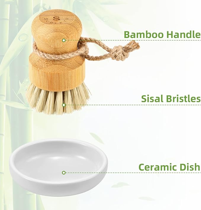 SUBEKYU Bamboo Dish Scrub Brushes, Kitchen Wooden Cleaning Scrubbers Set for Washing Cast Iron Pan/Pot, Natural Sisal Bristles, Set of 2