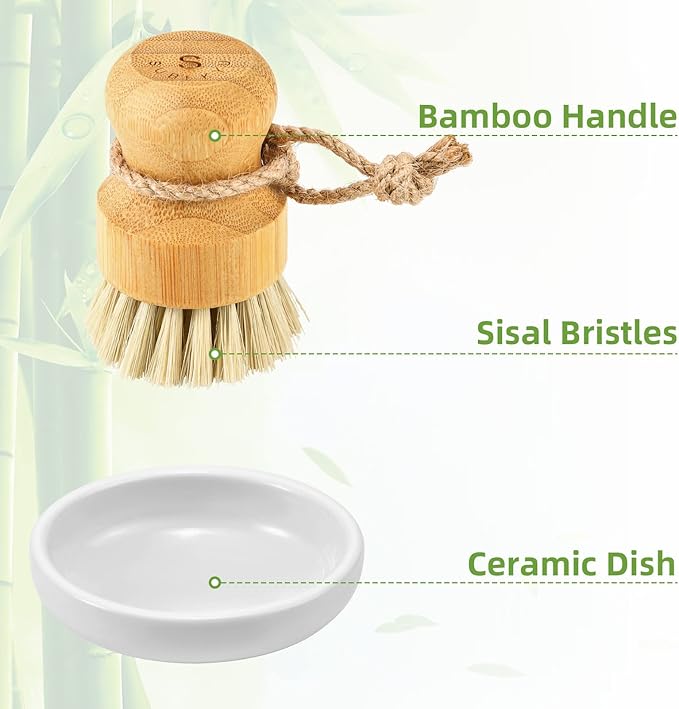 Bamboo Dish Scrub Brushes,Kitchen Wooden Cleaning Scrubbers Set for Washing Cast Iron Pan/Pot, Natural Sisal Bristles, Set of 3