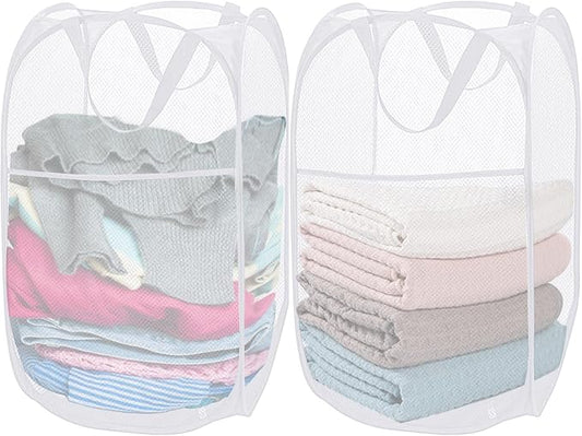 2 Pack Mesh Pop Up Laundry Baskets, Collapsible Laundry Hampers, Foldable Clothes Basket Storage Bins with Handles & Side Pocket for Cruise, Travel, Laundry Room, Dorm, Home (White)