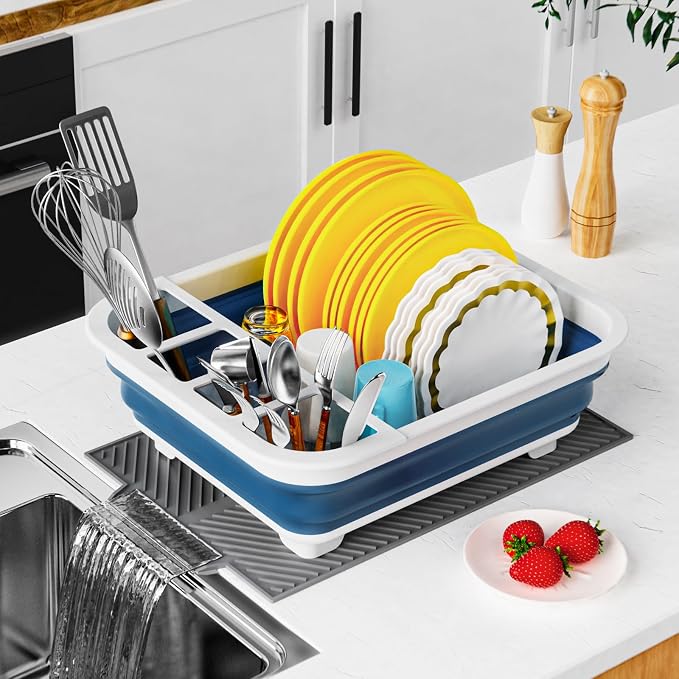 Dish Rack,Drying Rack Kitchen, Dish Racks for Kitchen Counter, Collapsible Dish Drying Rack—Suitable for Kitchens, motorhomes, Yachts, Campers - Blue-White (with Silicone Drain Pad)