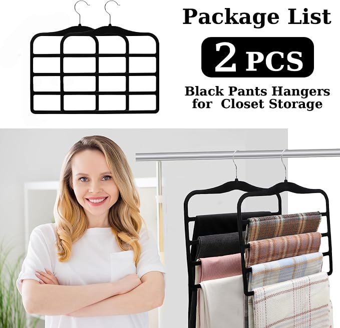 Closet Organizers and Storage, 2 Pack Pants-Hanger-Space-Saving | Velvet Clothes Organization Jeans Trousers Scarf Hangers for Pant-Rack, College-Dorm-Room Essentials for Students Girls Boys