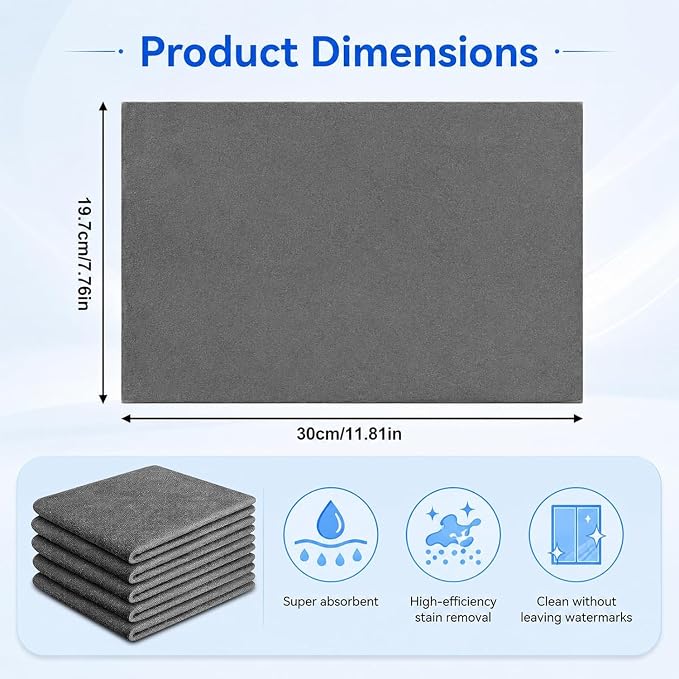 5-Pack Magic Cleaning Cloth, Microfiber Cleaning Cloths, Thickened Streak-Free Microfiber Towels Cleaning Cloth for Glass, Window, Kitchen, Stainless Steel, Cars, Reusable (20x30cm)