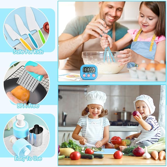 37PCS Kids Cooking Sets Real, Kids Cooking and Baking Gift Set with Storage Case Timer Kid Safe Knives Cutting Board, Toddler Real Kitchen Accessories, Birthday Gifts for Girls Boys Age 3 - 8