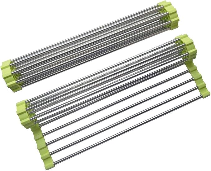 Roll Up Dish Drying Rack, Stainless Steel and Silicone Dish Drying Mat Over The Sink Foldable Drain Rack Multipurpose Dish Drainer for Kitchen, 14.5” x 14”, Green