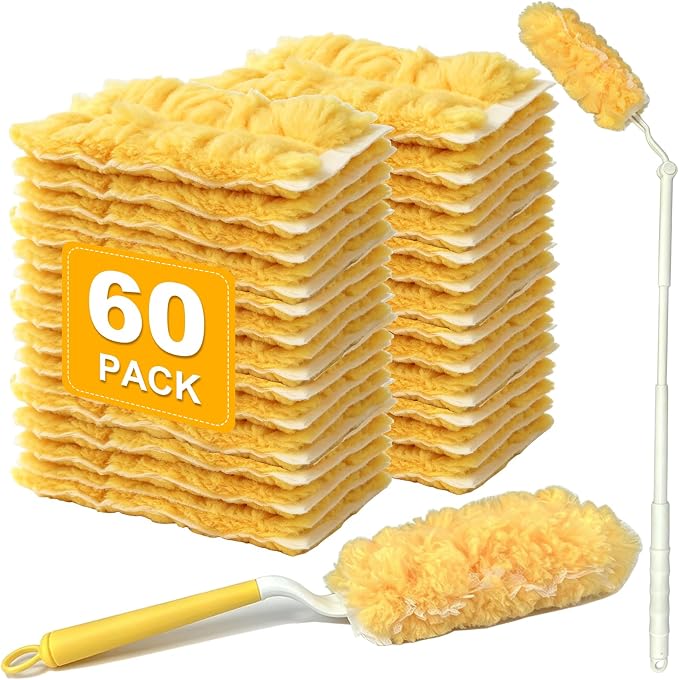 60 Count Heavy Duty Duster Refills for Swiffer, Multi Surface 360° Feather Duster with 2 Handle, Disposable Dusters Kit for Cleaning, Furniture, Blind, Ceiling Fan