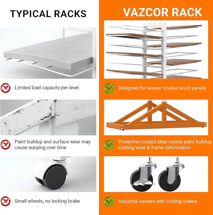 20-Tier Paint Drying Rack for Cabinet Doors and Wood Panels | Heavy-duty steel rack with locking wheels holds doors, drawer fronts, trim, and panels while saving valuable shop space
