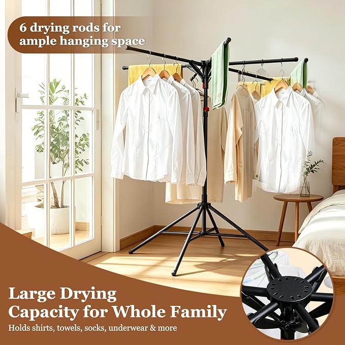 Adjustable Collapsible Umbrella Style Clothes Drying Rack, 4Legs6Telescopic Arms, Space-Saving Freestanding Laundry Airer with Windproof Clips, Easy Setup Indoor Outdoor (Black-Carbon Steel)
