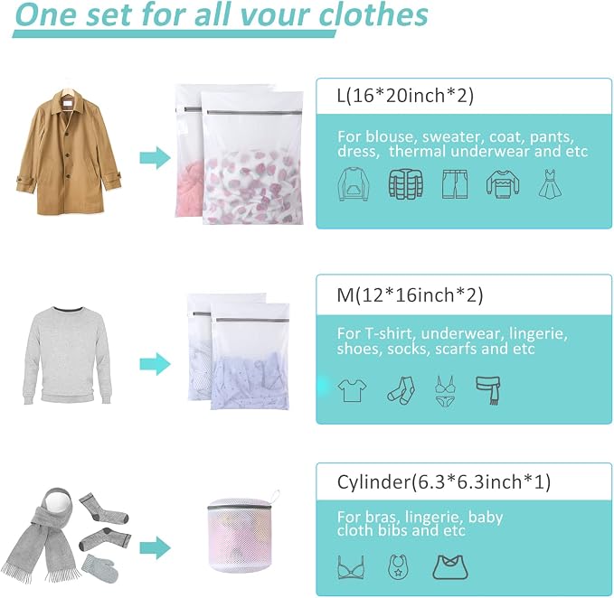 GOGOODA Mesh Laundry Bags for Delicates Durable Protective Wash Bags | Travel Storage Bags for Intimates Lingerie,5PCS（2M,2L,1 Bra Bags）