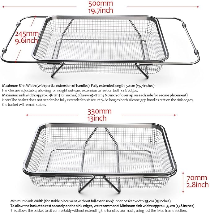 WAGENSTEIGER Extendable Dish Rack with Feet, Vegetable Colander Basket, Stainless Steel Dish or Silverware Drying Rack, Ultimate Kitchen Organizer Over the Sink (14.76 x 10.63 x 3.15 Inches)