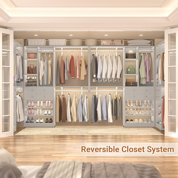 Besiost Closet System - 5FT Small Closet System with Drawers, 60" Closet Organizer System with Reversible Hanging Shelving, Closet Systems for Small/Walk-in Closets, Morandi Grey