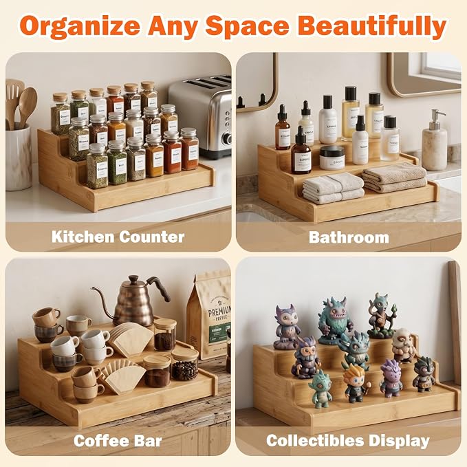 3-Tier Expandable Bamboo Can Rack Organizer for Kitchen Pantry,Expands in Width 13 to 22.8 Inches,for Cans,Spice Jars & Snacks,22 lb Easy-View Cabinet Countertop Shelf