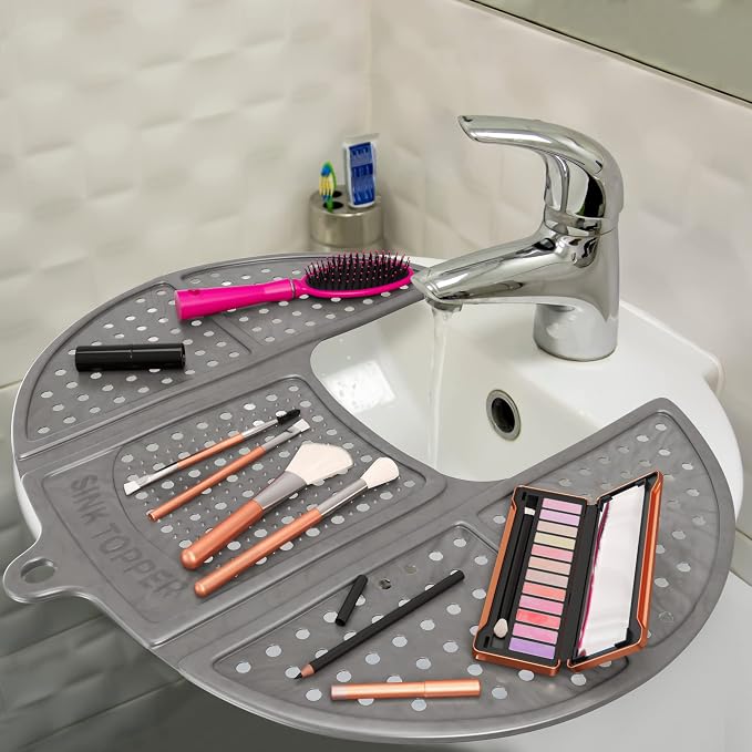 Sink Topper Bathroom Sink Cover for Counter Space, Standard Silver | Holds up to 7 lb on a steel frame; fits over basins to 19 in; 480°F silicone, hot tools; foldable makeup mat; RV, camper