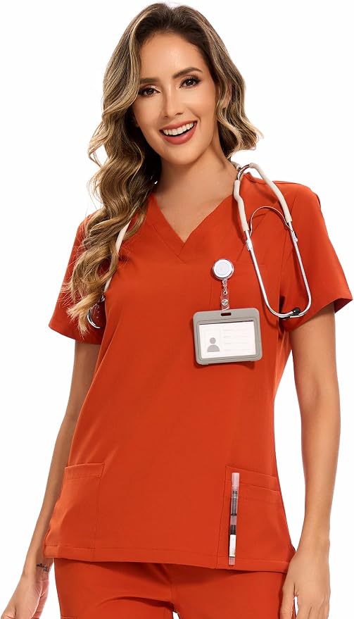 Scrubs Tops for Woman - Soft Stretch, V-Neck Tops | 3 Pockets, Side Split Design, Short Sleeve, Breathable & Lightweight Nursing Shirt, Easy-Care Fabric for All-Day Comfort