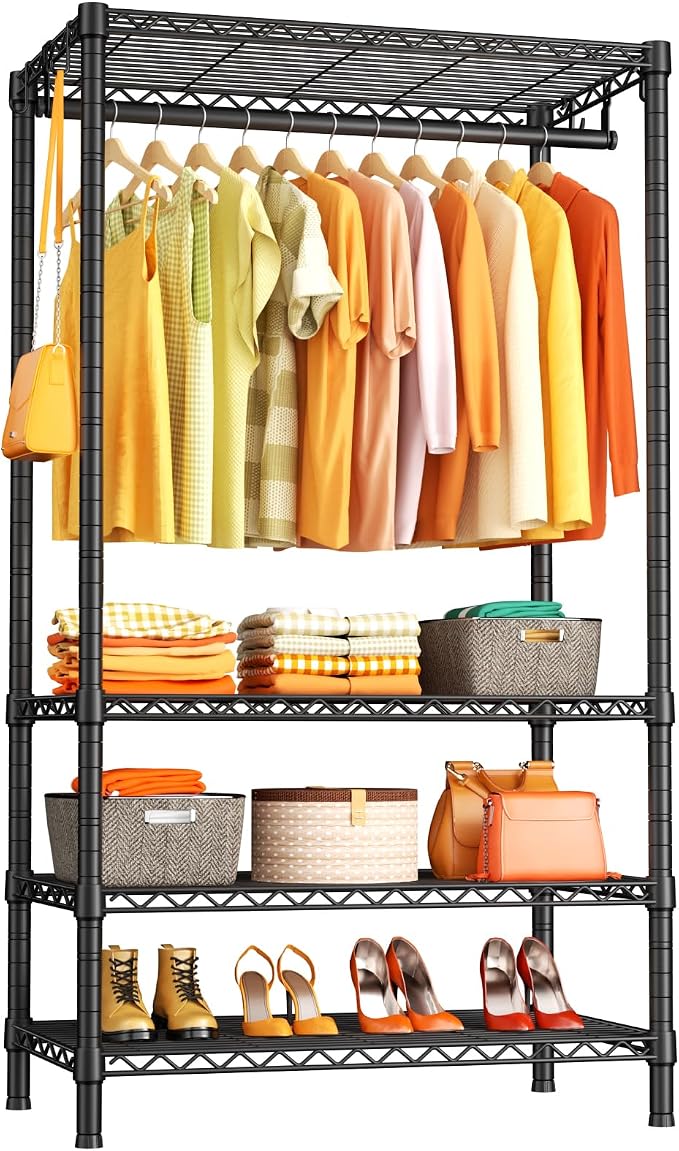 Ulif H4 Portable Closets, 4-Tier Metal Clothes Garment Rack for Bedroom and Cloakroom, Clothing Closet Storage and Organizer Wardrobe, 35.4" W x 14" D x 76.4" H, Black