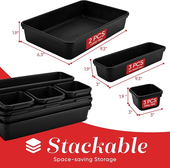 Masirs Interlocking Drawer Organizer Bins 8 Pcs, Desk Drawer Tray Set | Tool Box Organizer Tray, Kitchen Office Garage, Modular Plastic, 3 Sizes (2 Lg 3 Med 3 Sm), Black, Custom Layout