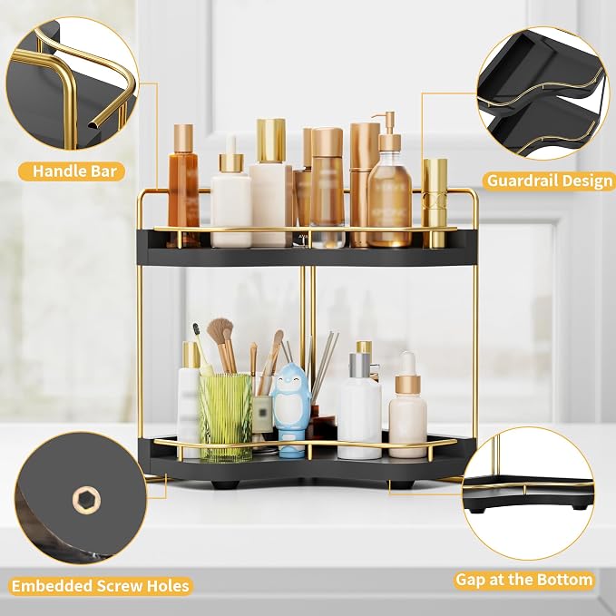 2-Tier Corner Bathroom Counter Organizer, Larger Size | Embedded Screw Holes, Sturdy & Stable, Oversized, Holds More, Vanity Shelf for Makeup & Skincare, Black Gold