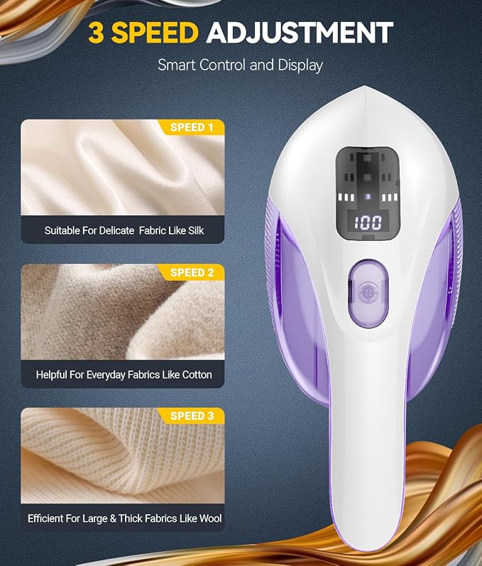 Ruidla Rechargeable Fabric Shaver and Lint Remover, 3-Speed Adjustable | Sweater Shaver with 6-Leaf Replaceable Stainless Steel Blades, 2.6Inch Large Mesh,Removable Bin for Clothes Fuzz,Lint(Purple)