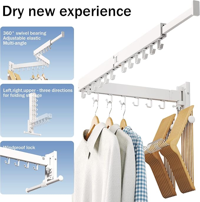 LIENAHU Drying Rack, Wall Mounted Clothes Rack, Aluminum, 220lbs Capacity, Foldable, White