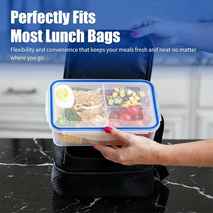 KIGI Lunch Container Set with Small Containers, 3 Compartment Food Storage for Meal Prep & Snacks, Leak-Proof & Airtight lids, BPA-free Plastic, Removable Divided Inserts, Microwave Safe, 24 Piece Set