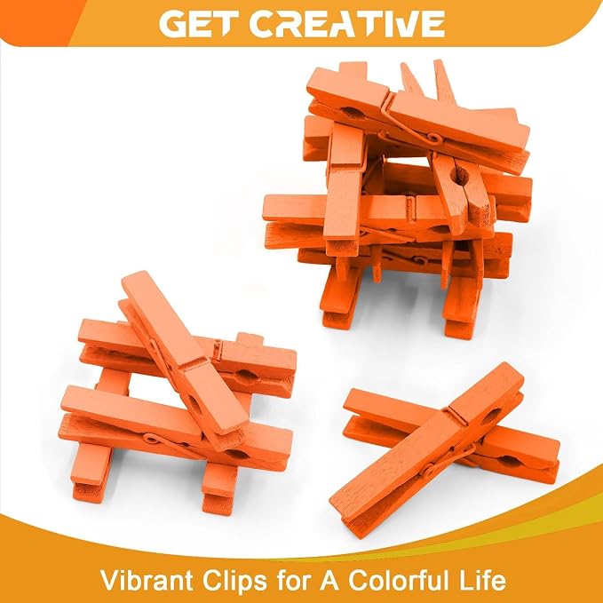 100 Pcs Orange Clothes pins - 2.9 Inch Wooden Clothespins Cheer Clips | Vibrant for Crafts Classroom Decorations Clothing Pictures Laundry Solid Wood No Splinters Fade‑Proof