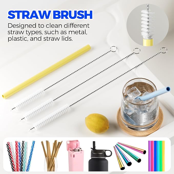 Holikme 6 Pack 4 in 1 Cup Lid Cleaning Brush 3 Straws Bottle Brush,Yellow | 4 in 1 Cup Lid Cleaning Brush Multifunctional Bottle Brush, Silicone Cup Lid Gap Cleaner, Bristle Crevice Cleaning Brush