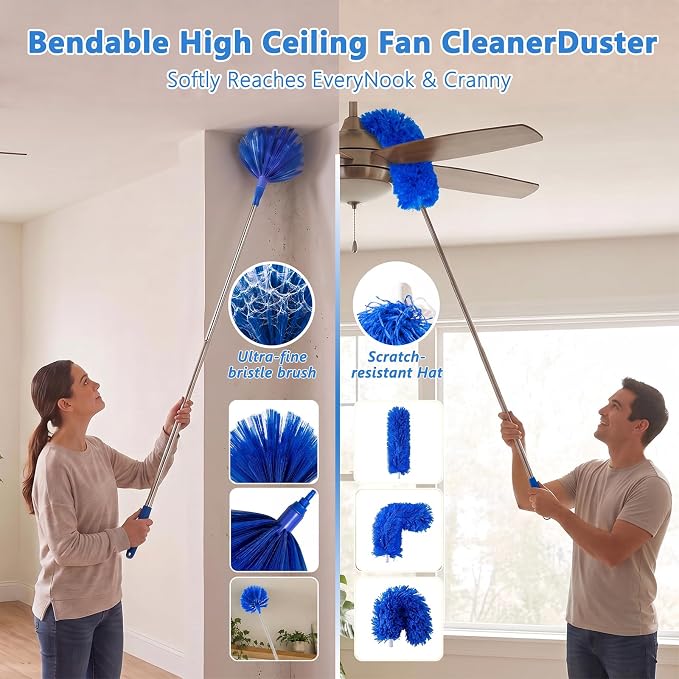 Duster with Extension Pole 30-100 Inches, Bendable Microfiber Cobweb, Blue, Duster for Cleaning Ceiling Fan, High Ceiling, Roof, Window & Blinds