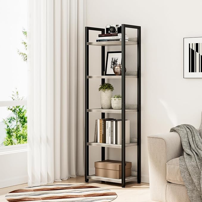 NUMENN Narrow Bookshelf, 5 Tier Freestanding Shelving Unit, Grey | Metal Frame & Wood Shelves, Falling Prevention Baffle, Open Storage Bookcase for Bedroom, Living Room & Home Office