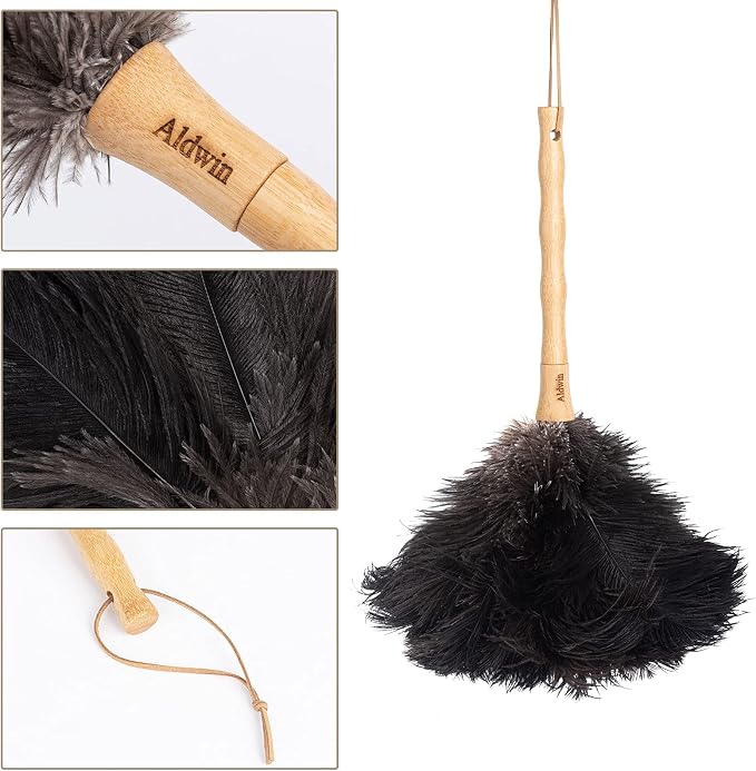 Aldwin Ostrich Feather Dusters for Cleaning, 16 inch Black | Genuine Ostrich Feathers with Wood Handle, Reusable Car Dusters, Eco-Friendly Handheld Dusters for Home, Office and Kitchen