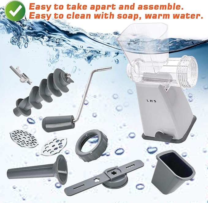 LHS Manual Meat Grinder with Stainless Steel Blades Heavy Duty Powerful Suction Base for Home Use Fast and Effortless for All Meats-Gray