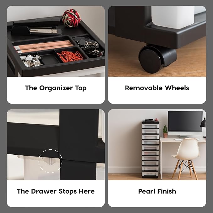 IRIS USA 10-Drawer Rolling Storage Cart, Black/Pearl | Keep craft supplies, office essentials, classroom items, and accessories organized with easy-access drawers for daily use